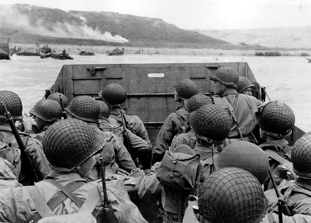 Allied forces approach Omaha Beach on D-Day, June 6, 1944.